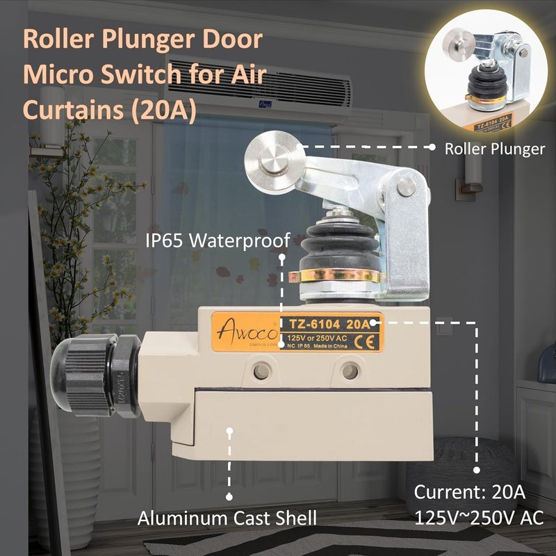 Awoco Heavy Duty Commercial Door Micro Switch with Roller Plunger for Air Curtains, 250V 20A IP 65 Limit Switch Type NO and Type NC (TZ-6104-20A) - Image 2